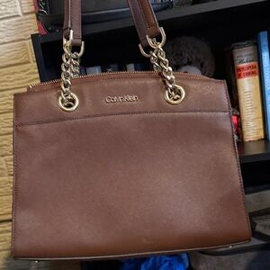 Calvin Klein Brown Shoulder Bag with Gold Accents